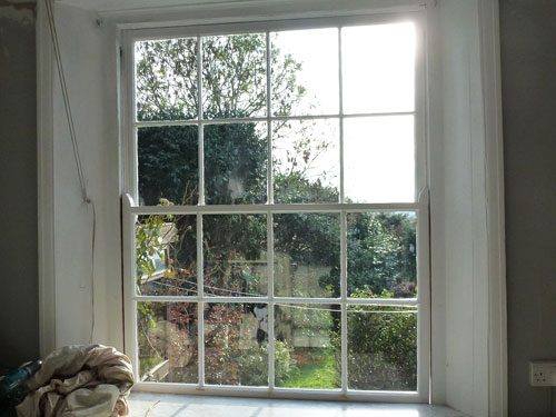 completed sash window before the staff draught excluder system has been installed