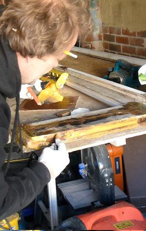 Repairing a Regency French door with the dryflex wood care system at the workshop in Brighton and Hove East Sussex